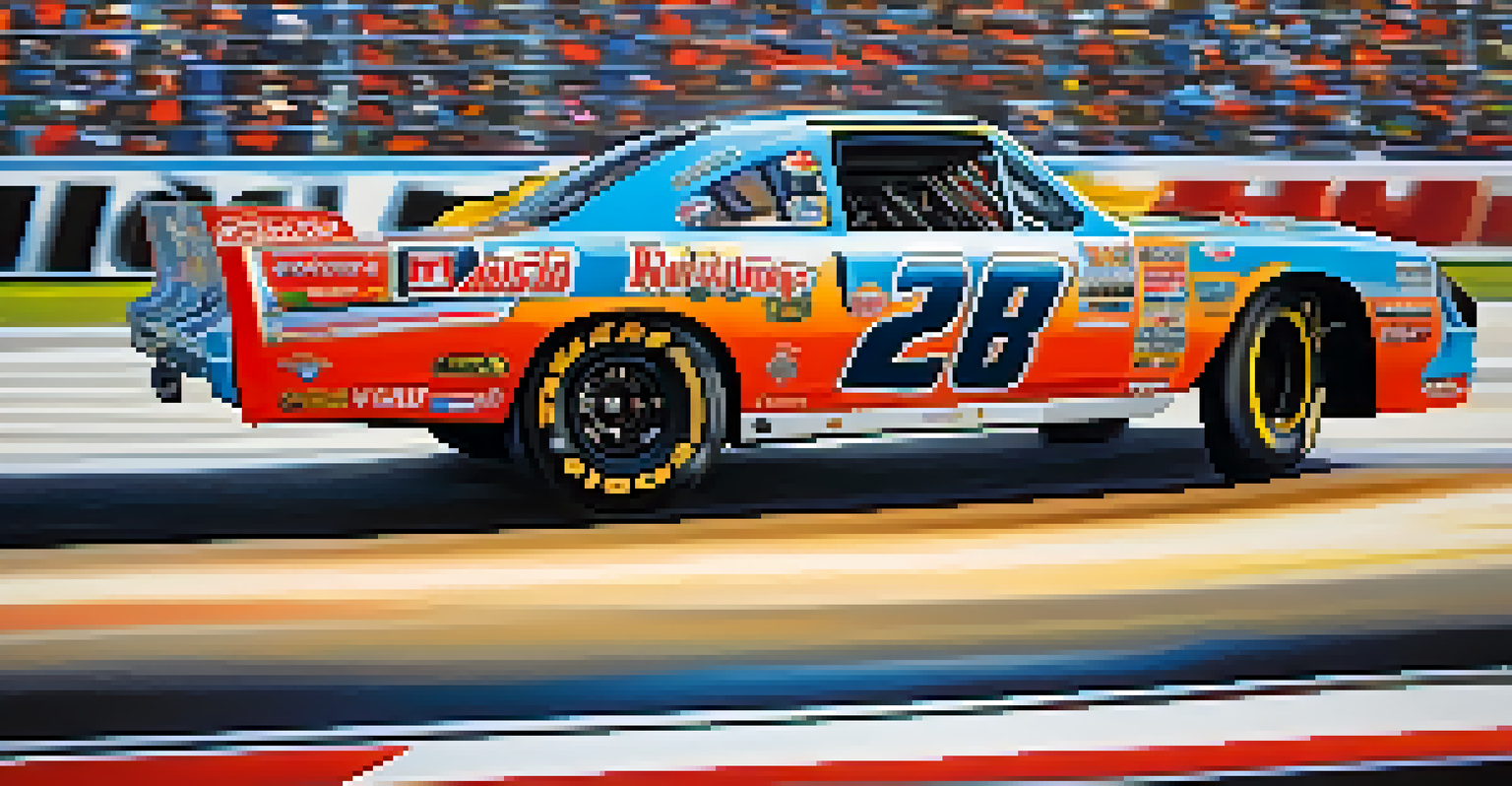 Close-up of a classic NASCAR race car with vibrant colors and detailed logos, set against a blurred racetrack.