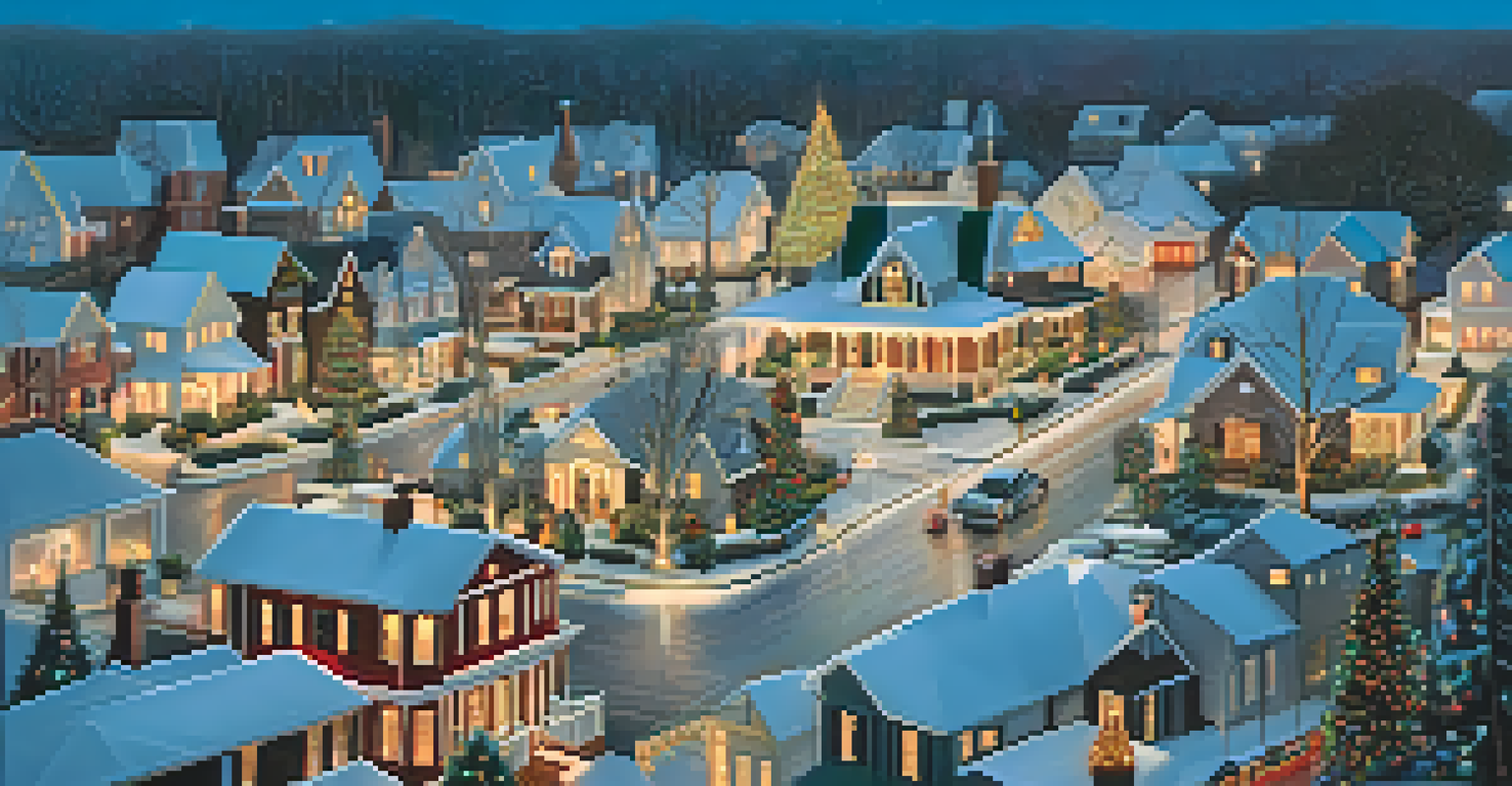 Aerial view of McAdenville with homes adorned in bright holiday lights, depicting a magical winter wonderland.