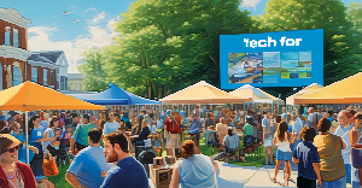 A community tech event in Charlotte with people engaging in tech displays and activities, surrounded by banners and food stalls.