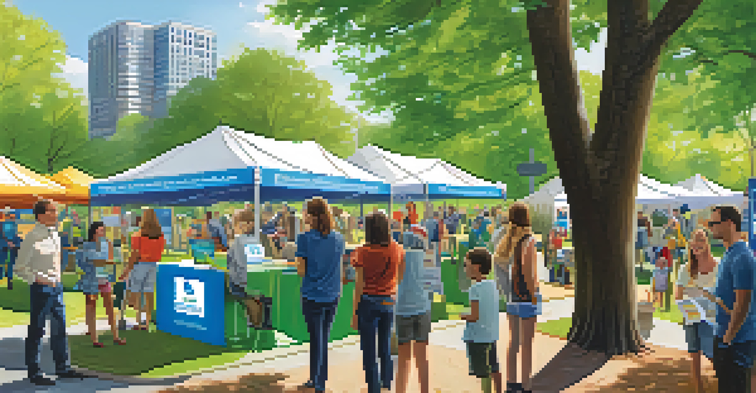 A public event in a park promoting renewable energy, with a booth and attendees learning about sustainability.