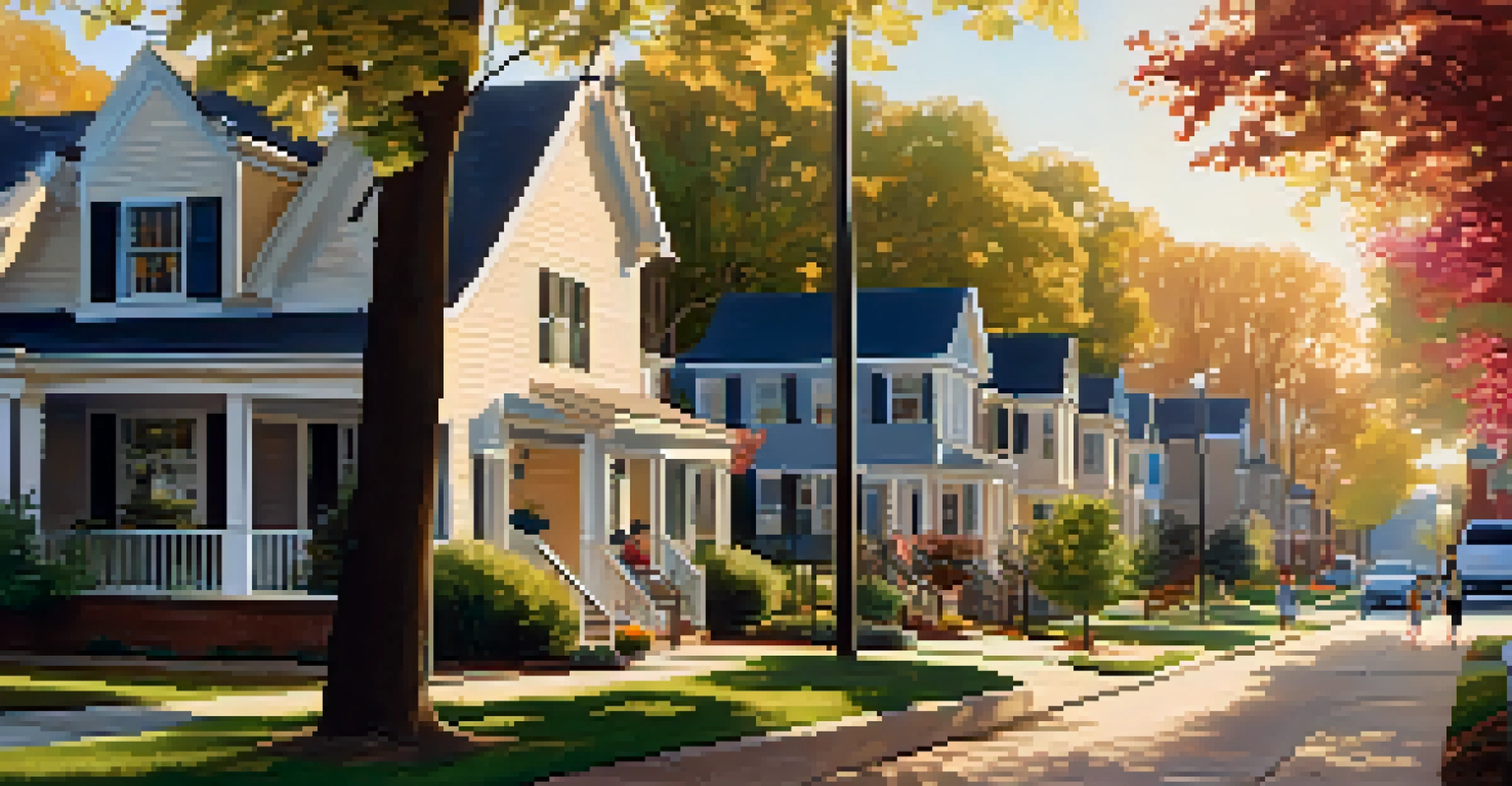 A charming residential neighborhood in Charlotte, showcasing single-family homes and townhouses with flower gardens and children playing in a park during sunset.