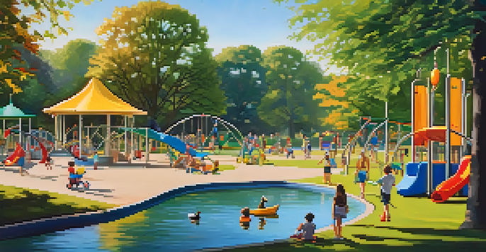 Families having fun at a playground in Freedom Park, with children climbing and swinging, and a serene lake in the background.
