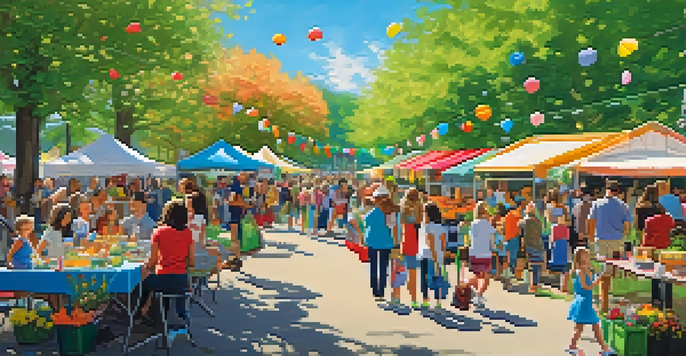 A lively spring festival in a park with blooming flowers, artists, and families enjoying food and music under a sunny sky.