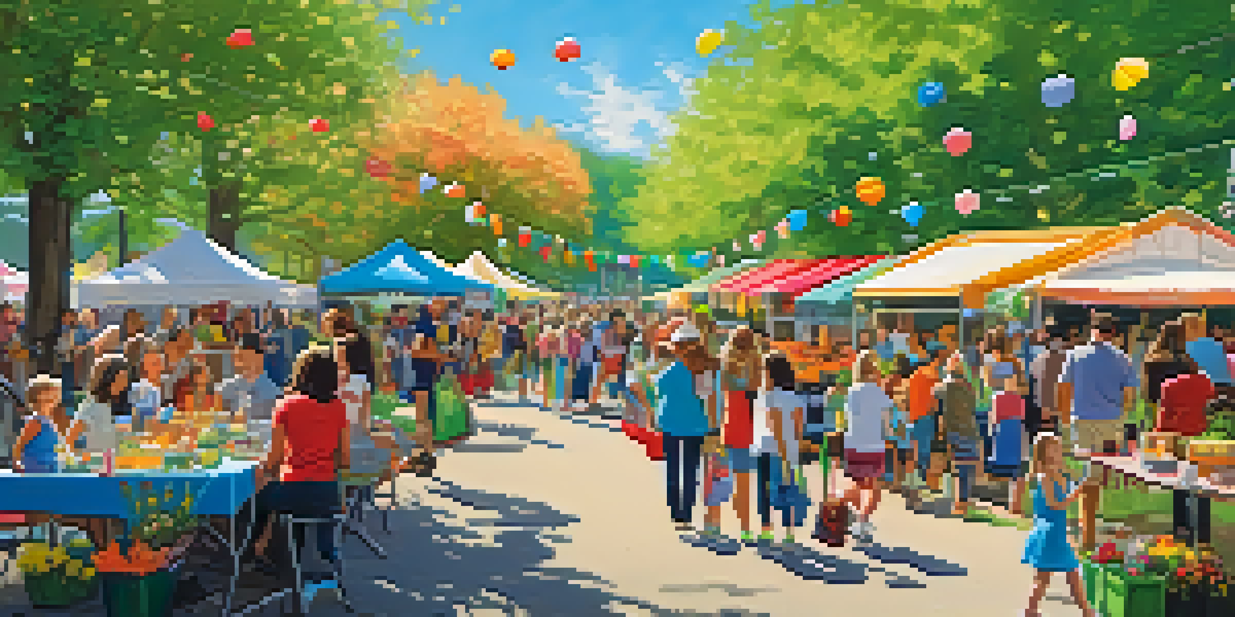 A lively spring festival in a park with blooming flowers, artists, and families enjoying food and music under a sunny sky.