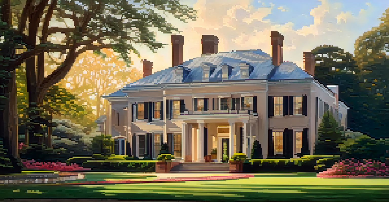 An opulent Georgian mansion in Myers Park, Charlotte, surrounded by beautiful gardens at sunset.