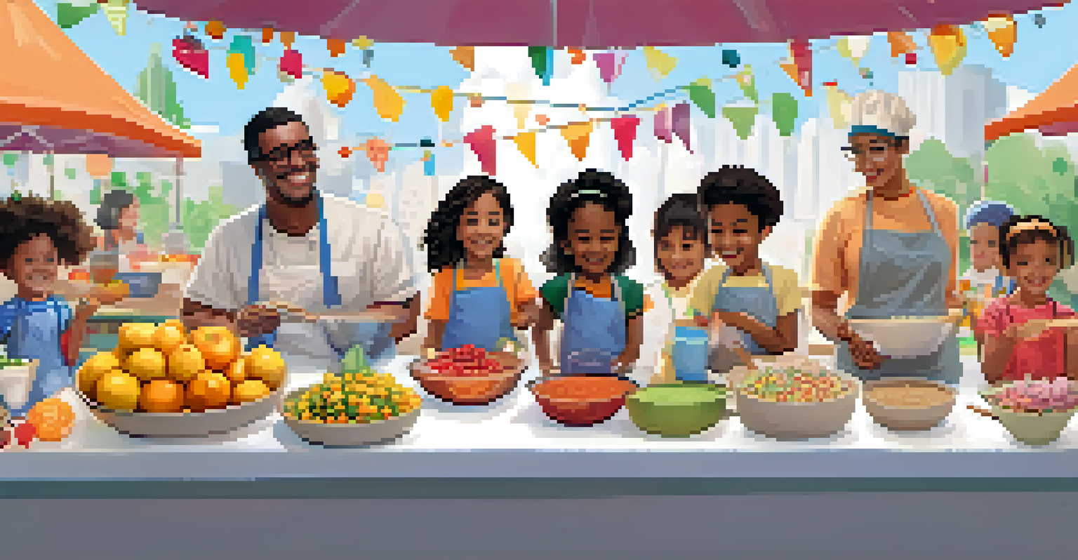 Children engaged in a cooking class at the Charlotte Kids Food Festival, guided by a chef with colorful ingredients around them.