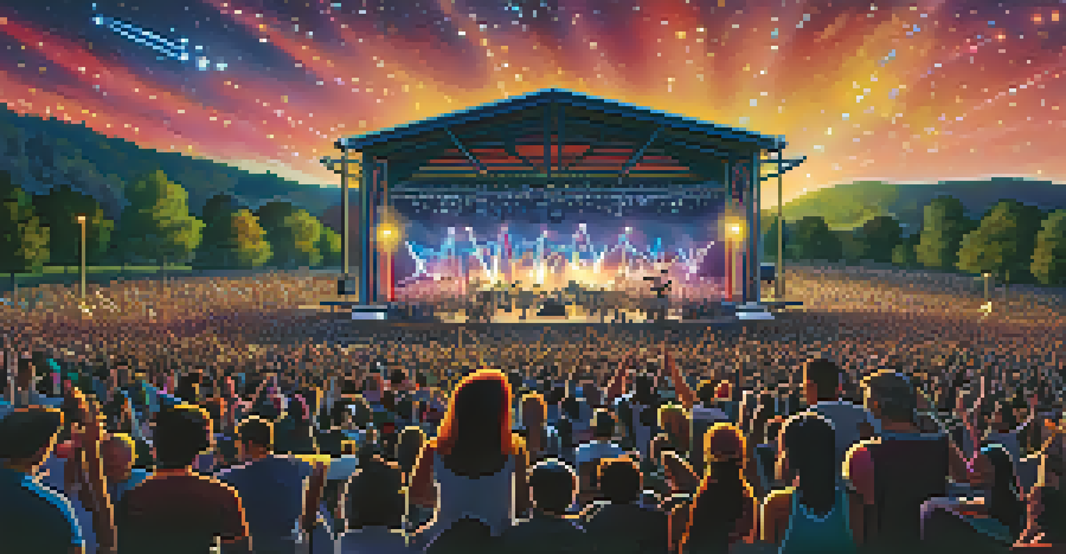 A summer concert at the PNC Music Pavilion with a vibrant crowd enjoying live music under a starry sky.