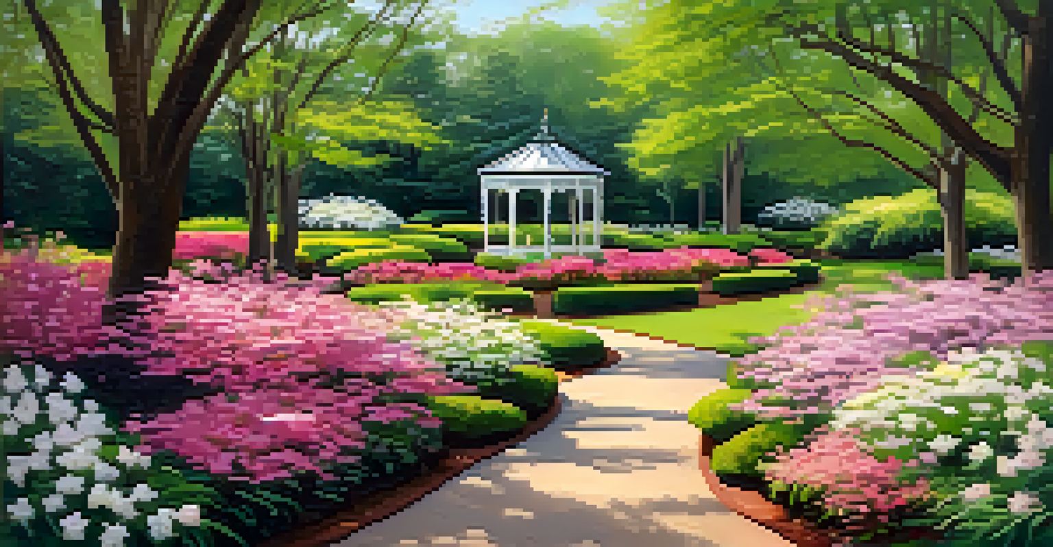 A peaceful scene in the Charlotte Botanical Gardens filled with colorful flowers, showcasing the beauty of spring with a winding path for visitors.