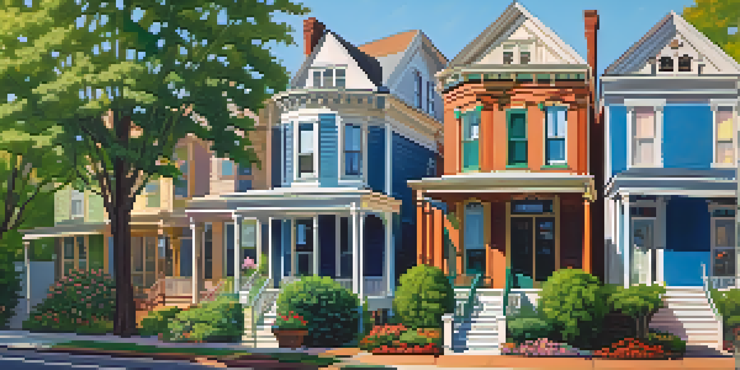 A scenic view of the Fourth Ward in Charlotte, featuring Victorian homes and blooming flowers under a clear blue sky.