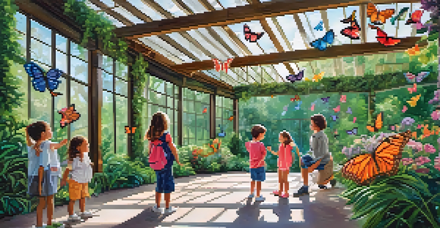 Children observing butterflies in the butterfly pavilion at the Charlotte Nature Museum, surrounded by flowers and greenery.