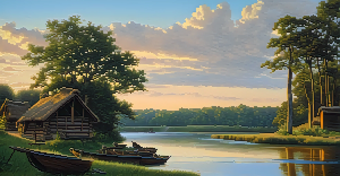 A peaceful landscape showing the Catawba River with a Native American village, featuring pottery and fishing tools, under a sunset sky.