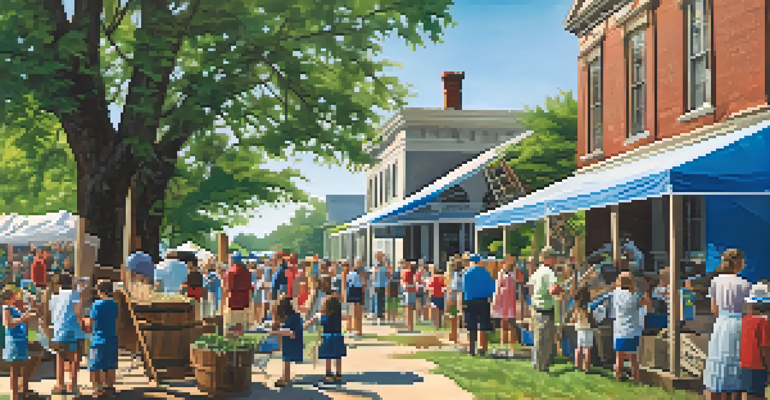 A community gathering at a historic site in Charlotte, where volunteers are engaged in restoration activities, surrounded by colorful decorations and a clear blue sky.