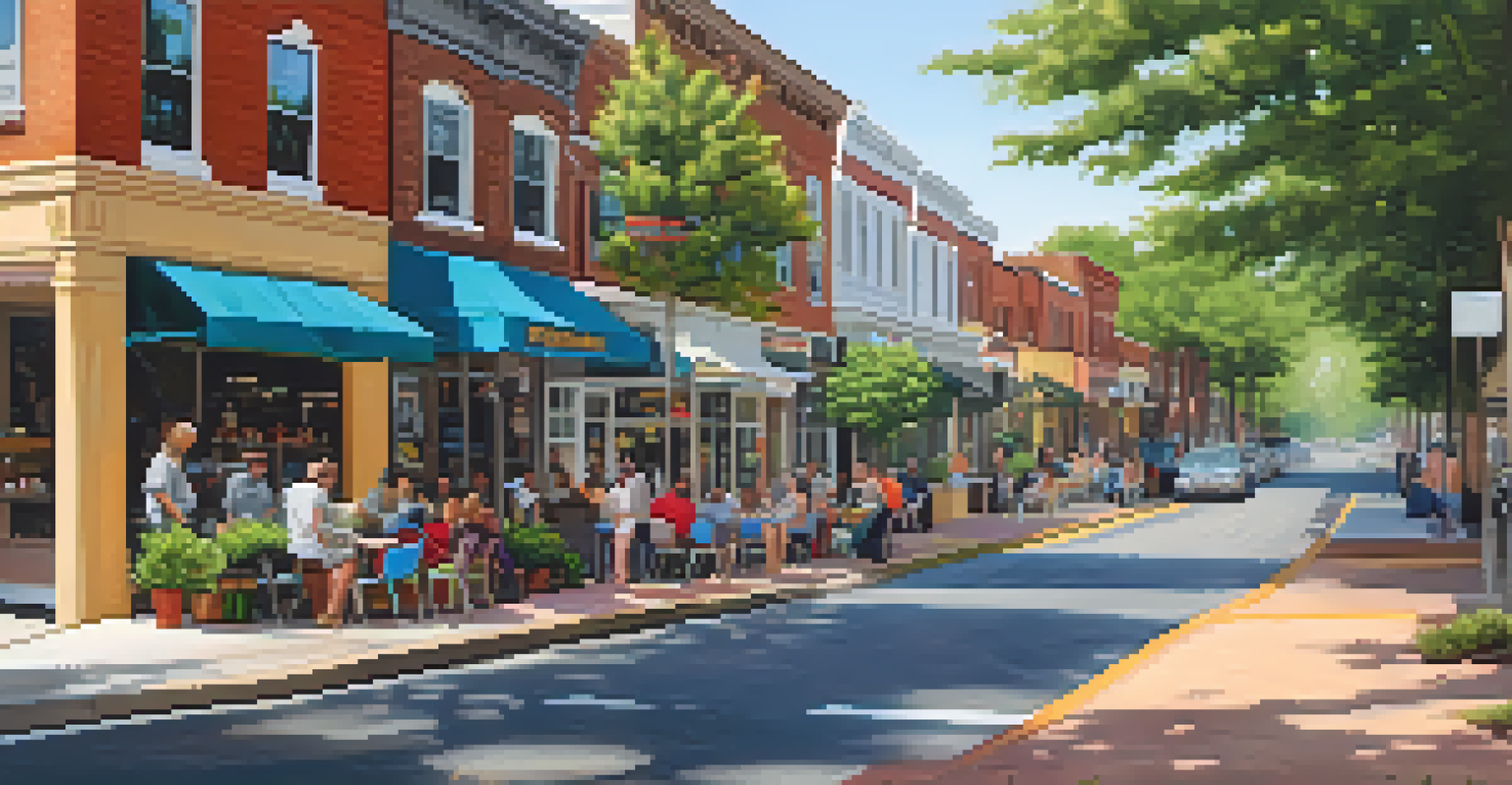 A lively street scene in Charlotte with diverse people, colorful storefronts, and greenery creating a vibrant neighborhood atmosphere.