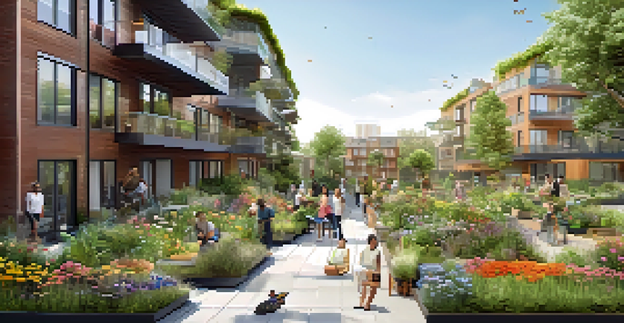 A sustainable apartment complex with solar panels, surrounded by a vibrant community garden where residents are interacting with plants and flowers.