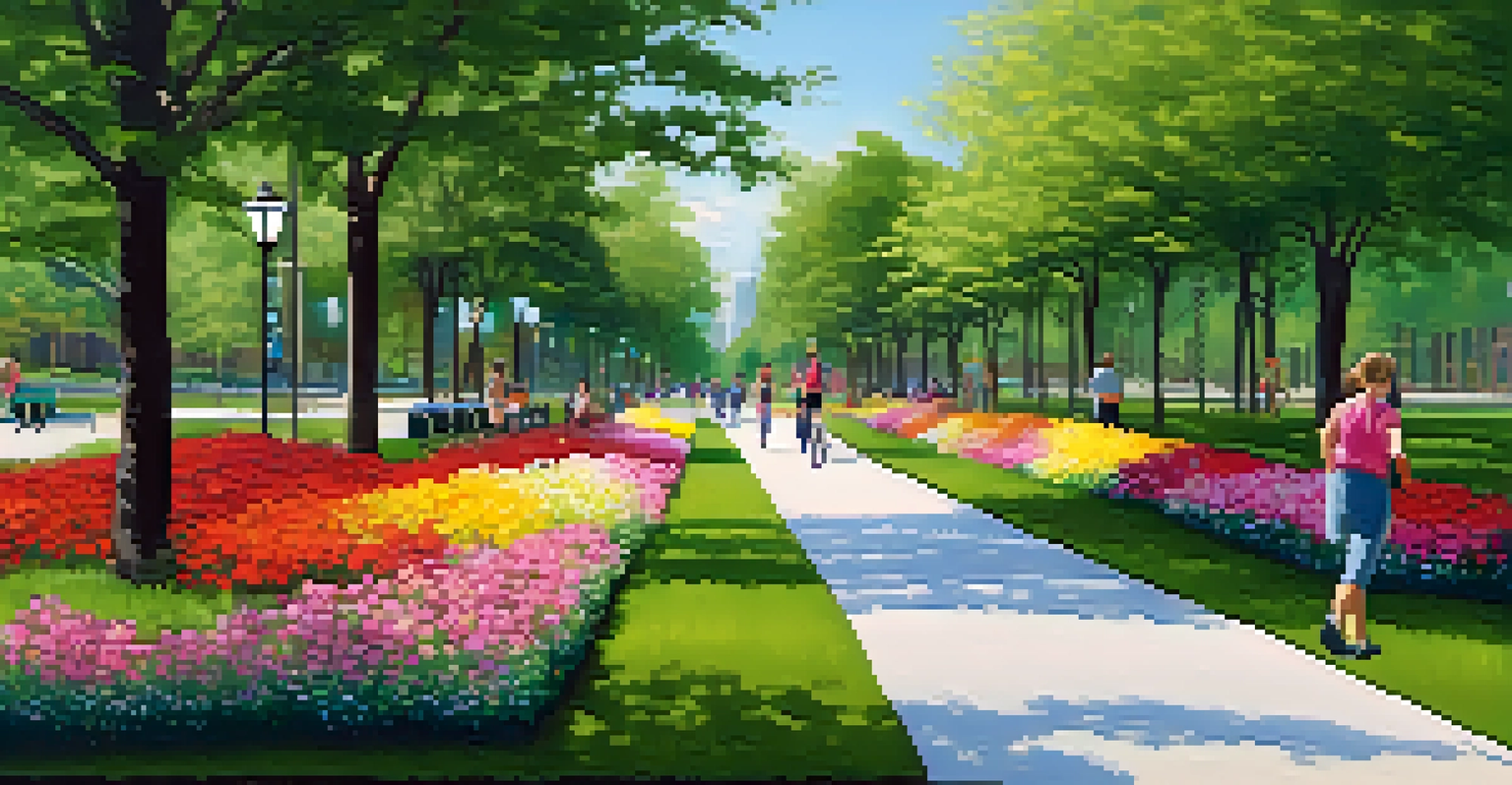 A peaceful park in Charlotte with people walking, jogging, and cycling on a pedestrian path surrounded by greenery.