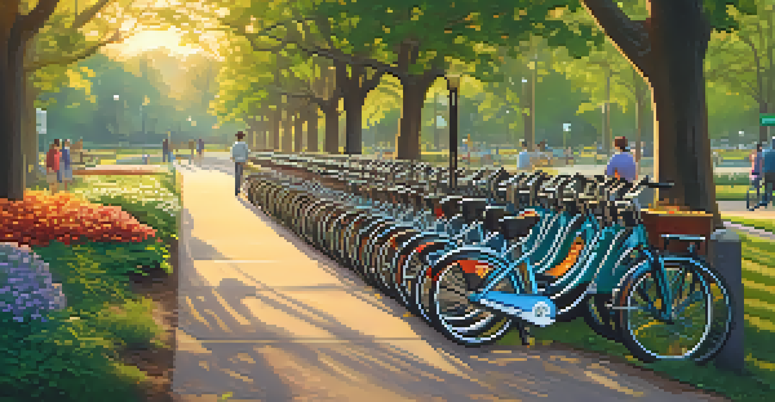 A bike-sharing station in a park with colorful bicycles, families riding bikes on a scenic trail, and blooming flowers under a golden sunset.