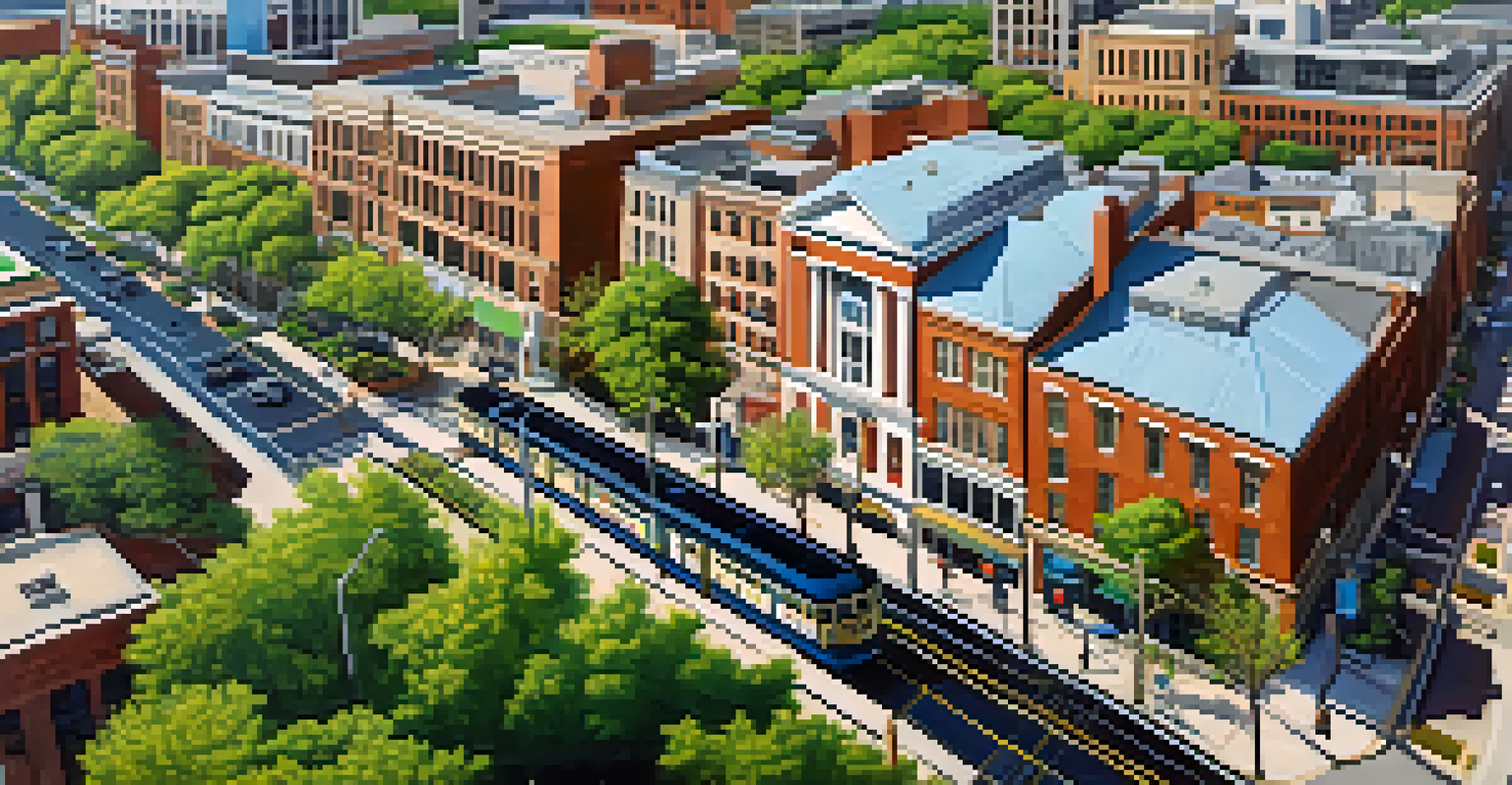 An aerial view of Charlotte featuring historic and modern architecture, streetcar routes, green spaces, and community interaction.