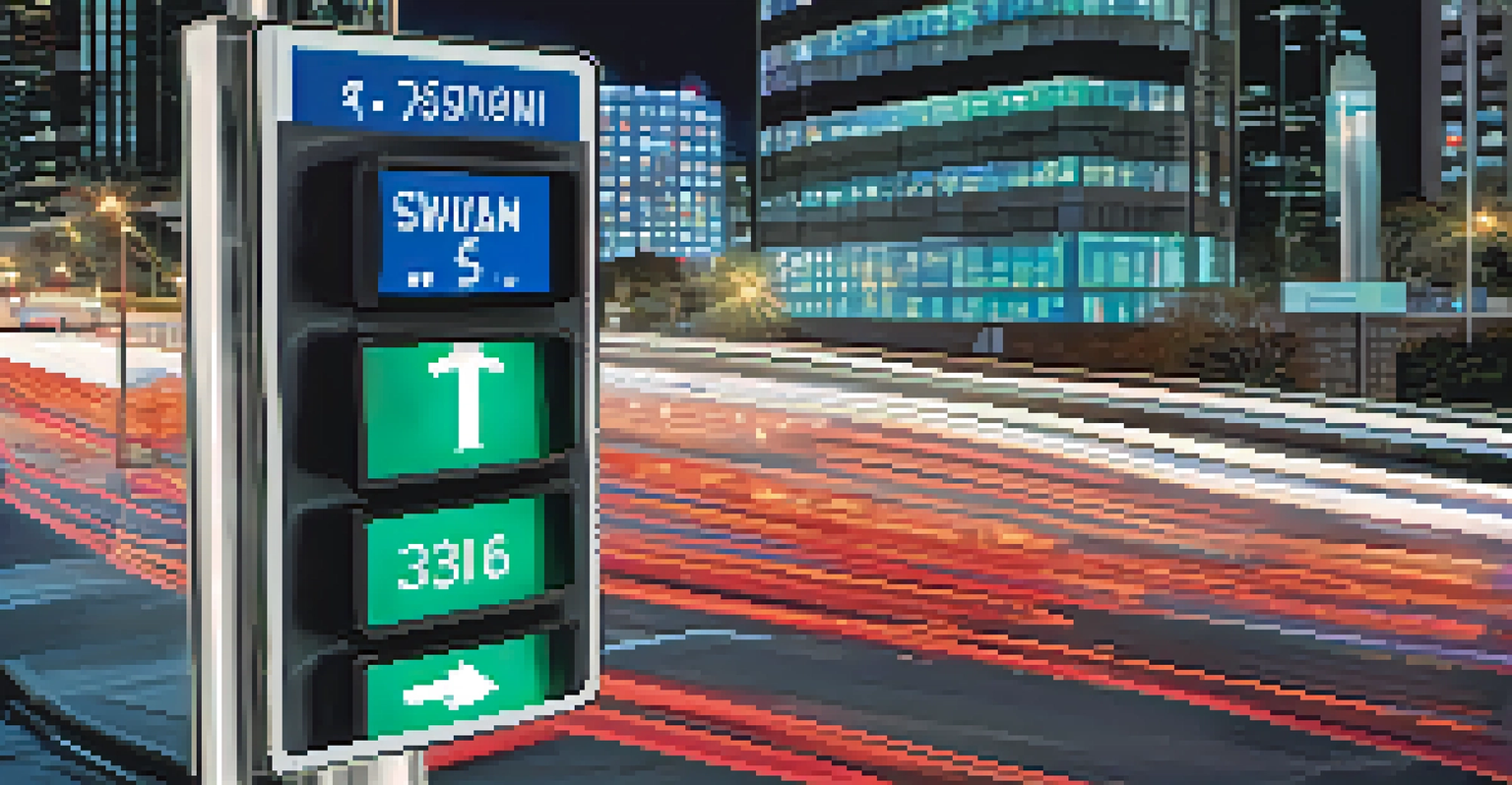 Close-up of a smart traffic signal displaying real-time traffic updates with moving vehicles in the background.