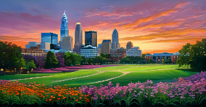 A panoramic view of Charlotte's skyline during sunset, showcasing a mix of modern and historical architecture with a colorful sky.