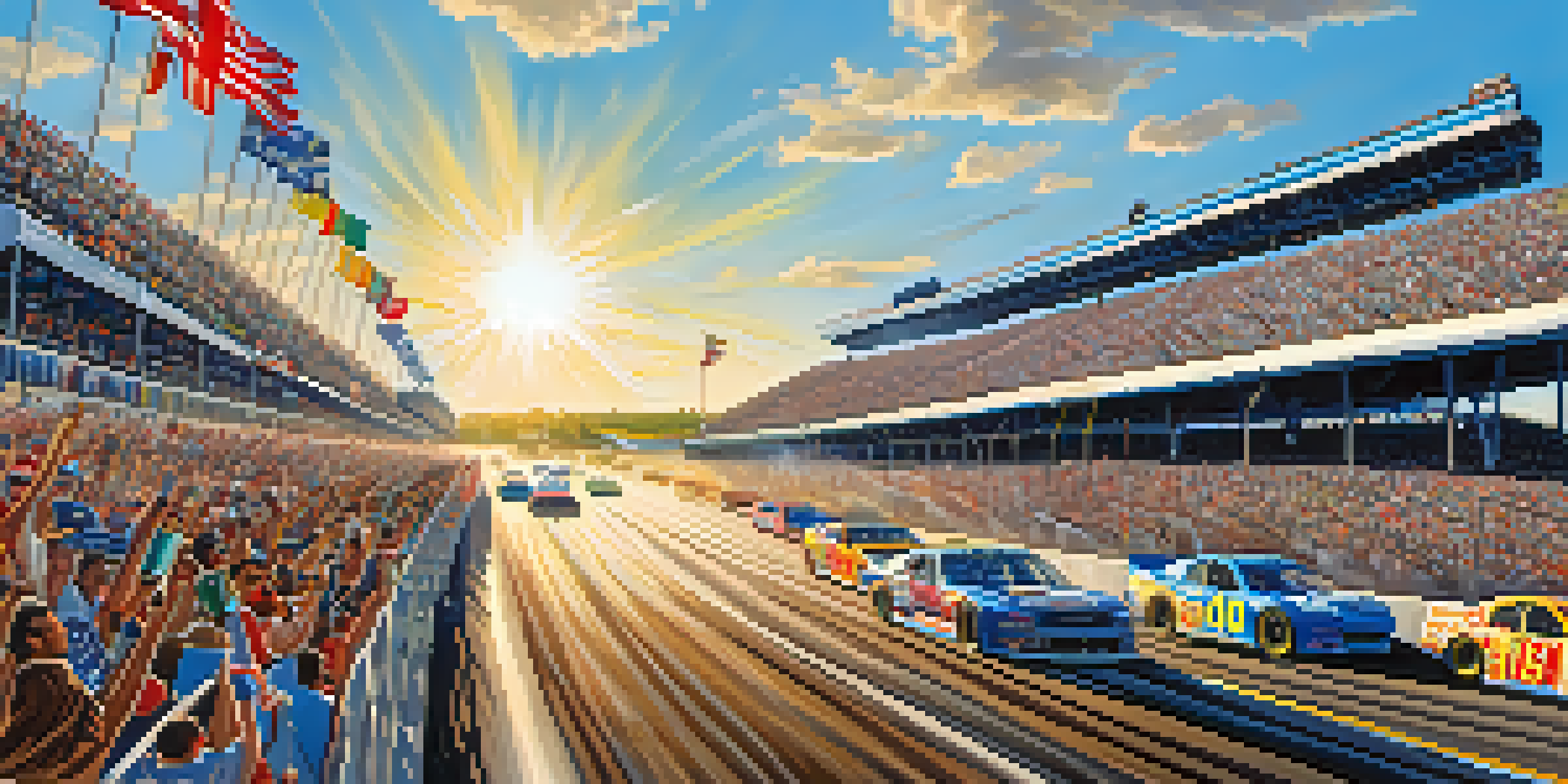 A lively image of Charlotte Motor Speedway on race day, featuring cheering fans and colorful race cars on the track.