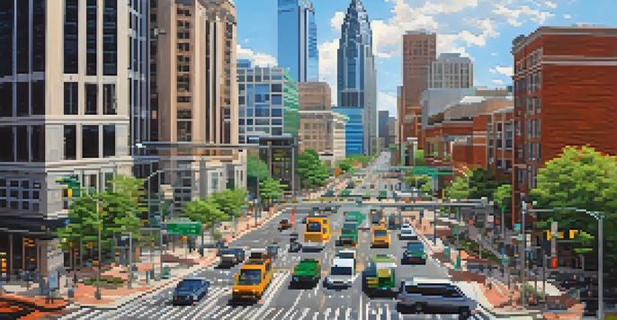 A busy urban intersection in Charlotte with smart traffic signals, cars moving efficiently, and modern buildings in the background.