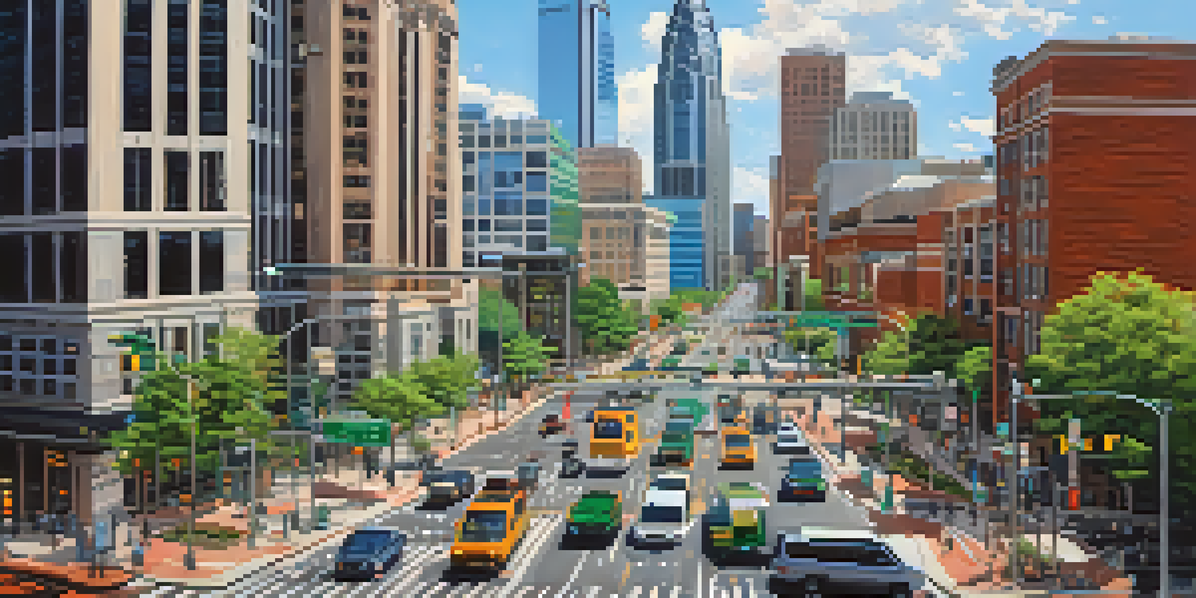 A busy urban intersection in Charlotte with smart traffic signals, cars moving efficiently, and modern buildings in the background.