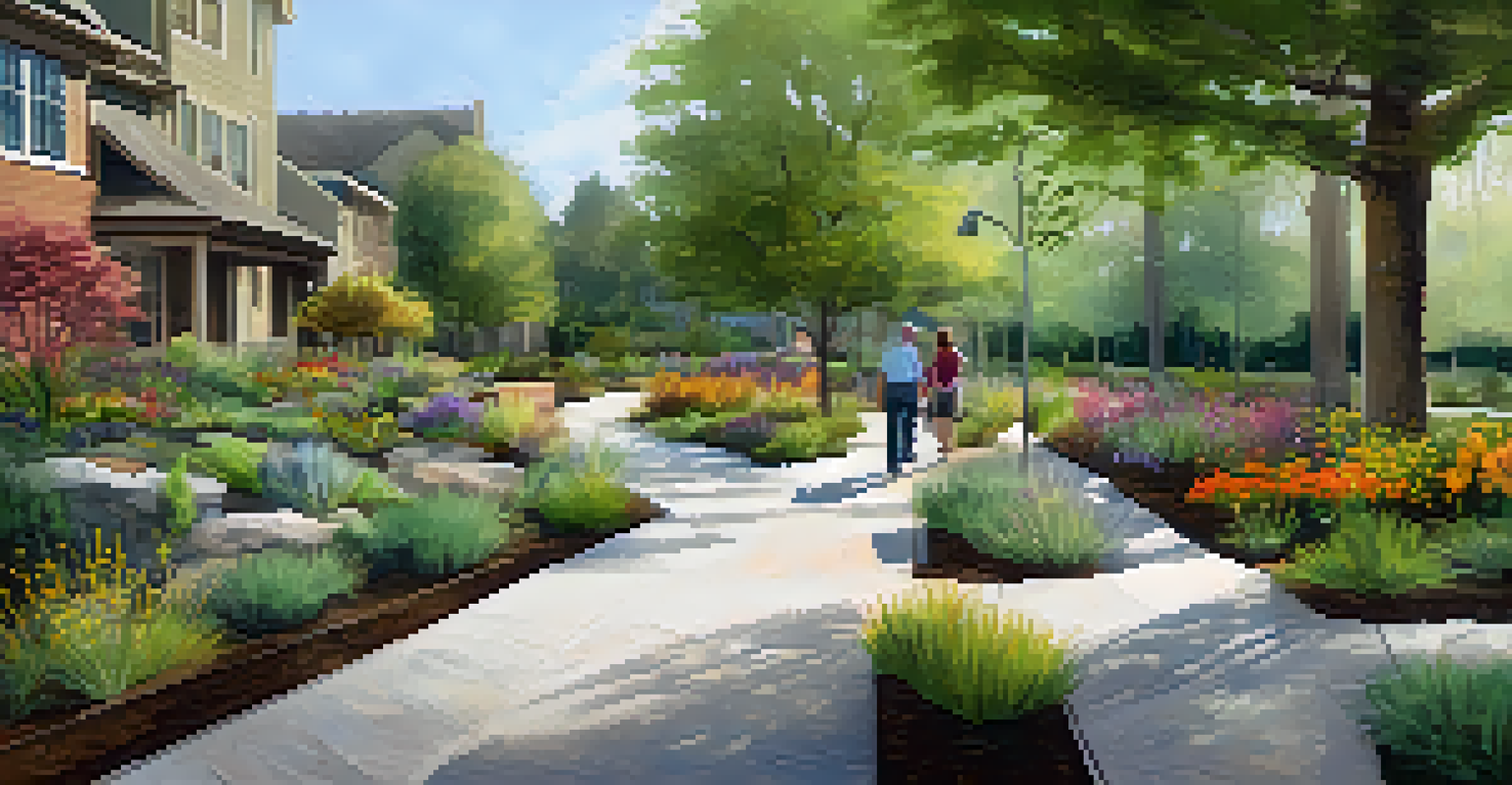An innovative rain garden with native plants and permeable pavements, featuring a small water collection area and a couple walking by.