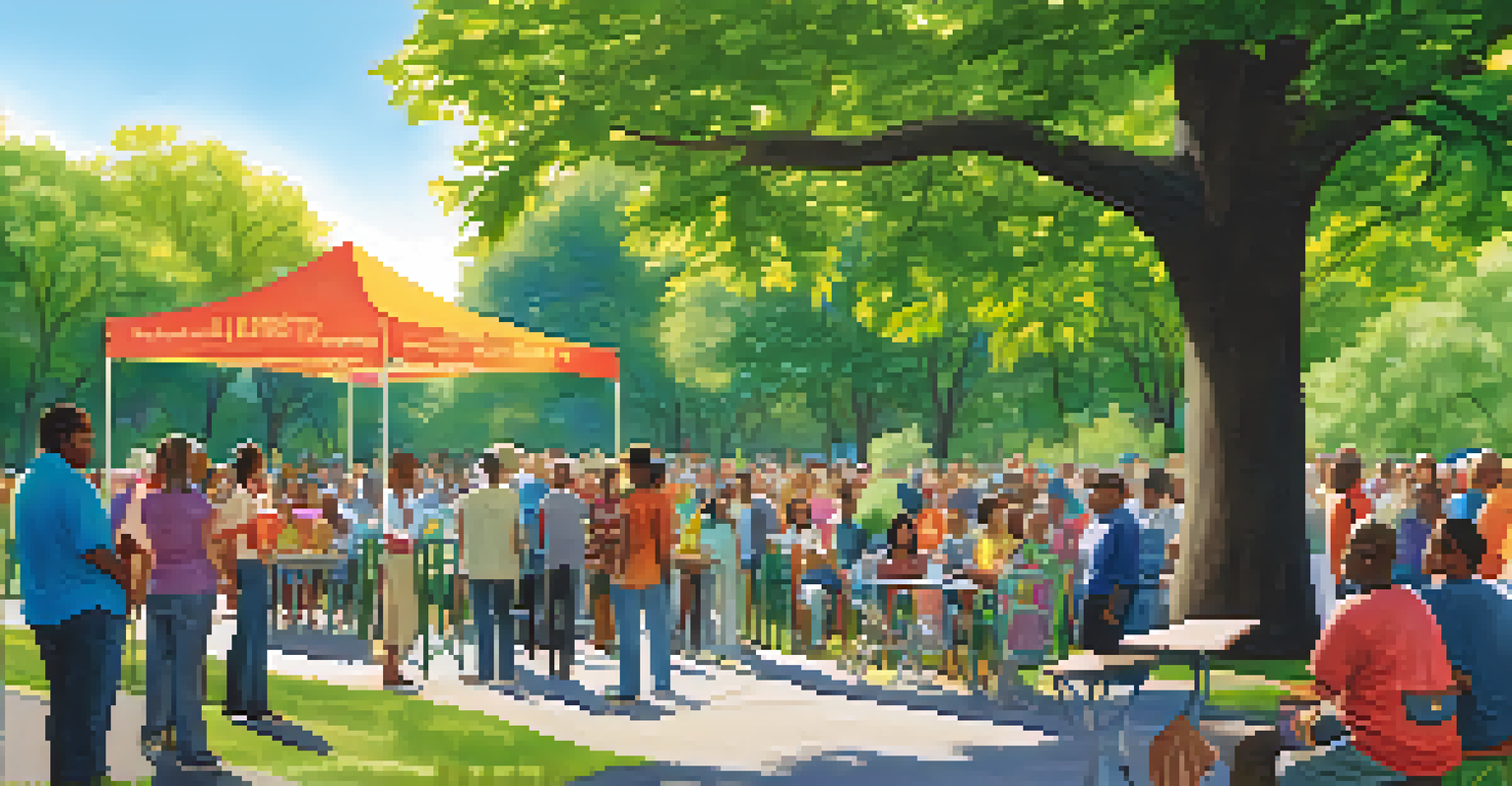 Community members gathered in a park discussing pedestrian safety initiatives, with a banner reading 'Safer Streets for All' in the background.