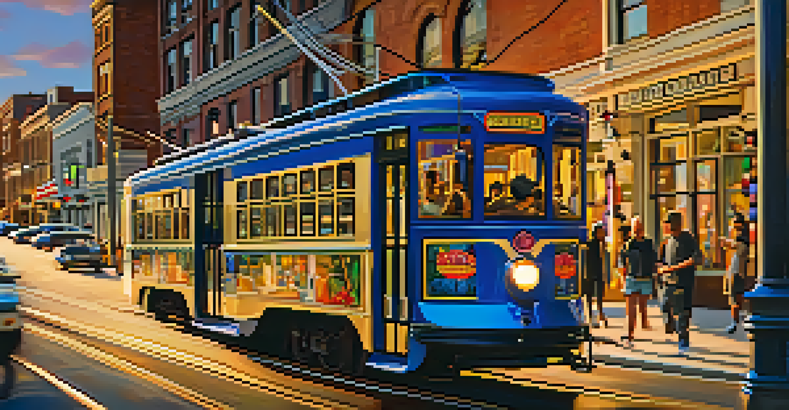 A colorful streetcar on the CityLYNX Gold Line with historic buildings and local shops around, captured during the golden hour.