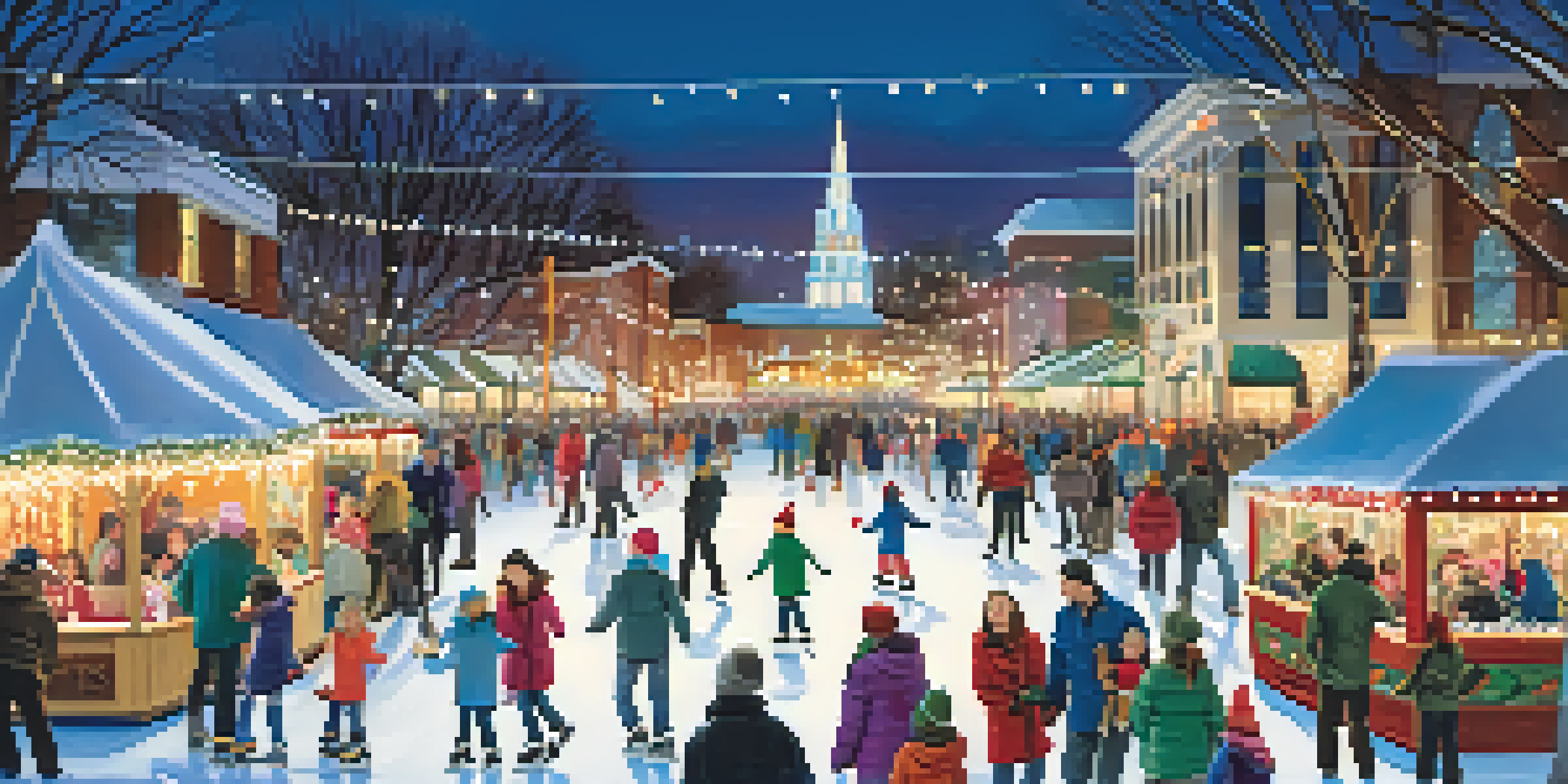 A lively winter festival scene with families ice skating, surrounded by bright lights and festive booths.