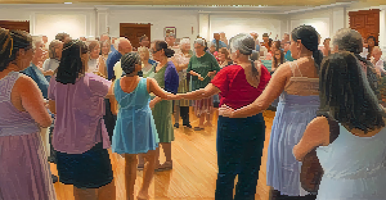Participants of different ages learning traditional folk dances in a warm and inviting workshop setting at the Charlotte Folk Society's gathering.