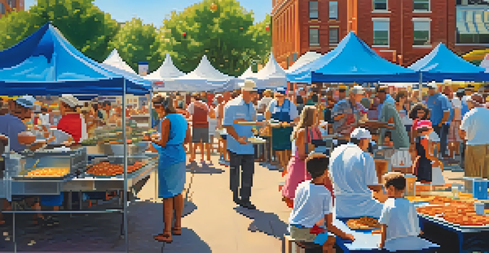 A lively food festival scene with families enjoying meals and chefs cooking at colorful food stalls.