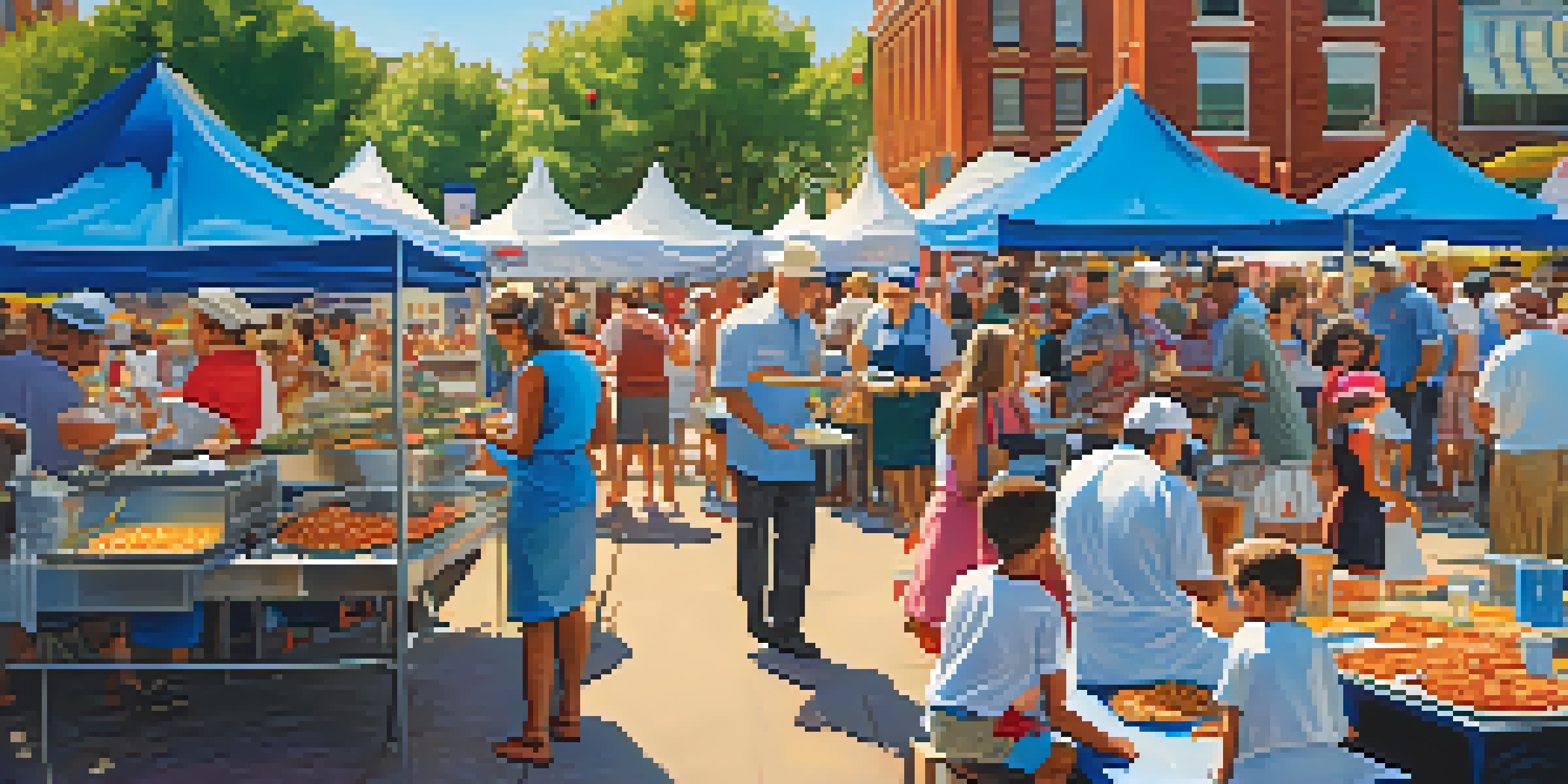 A lively food festival scene with families enjoying meals and chefs cooking at colorful food stalls.