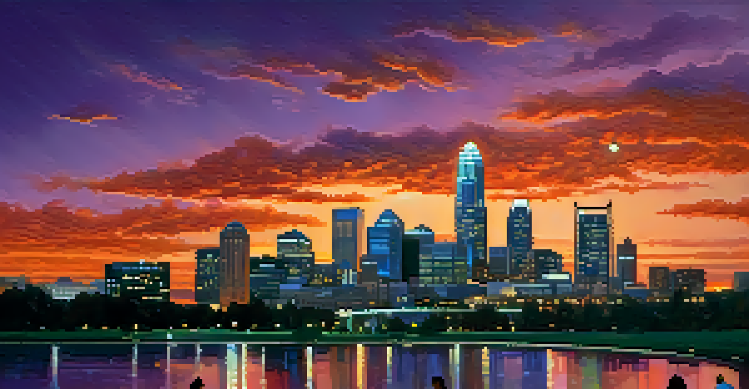 Charlotte skyline at sunset with a group of people discussing in the foreground.