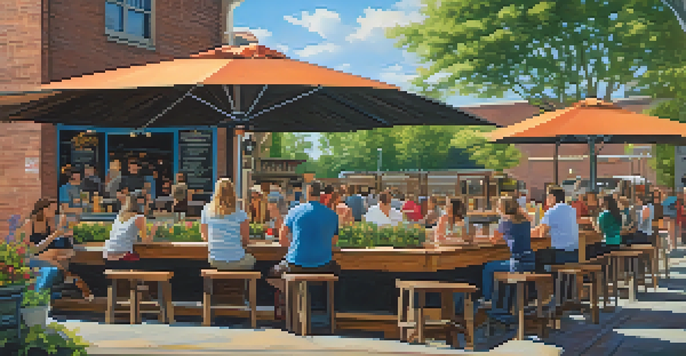 An outdoor craft brewery scene in Charlotte with people enjoying craft beers, rustic tables, and a nearby food truck serving tacos.