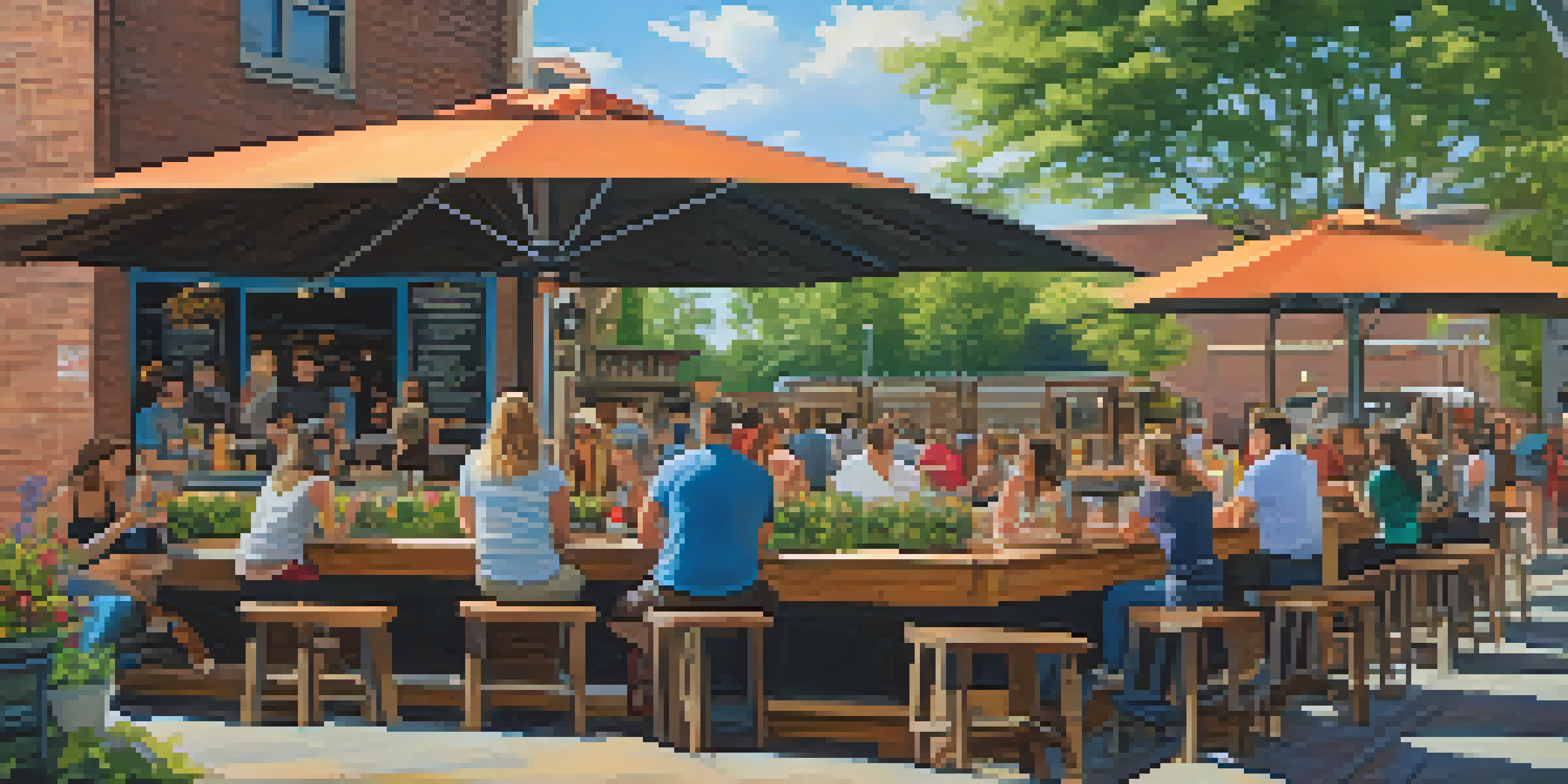 An outdoor craft brewery scene in Charlotte with people enjoying craft beers, rustic tables, and a nearby food truck serving tacos.