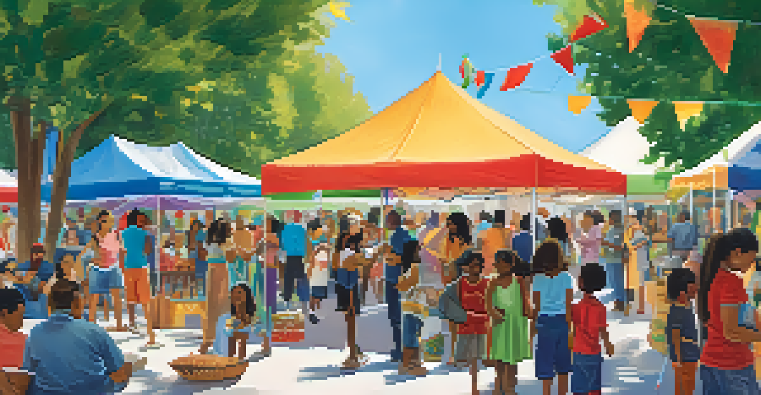 A vibrant outdoor festival with community members exploring cultural booths and interacting with local authors, under a bright sky.