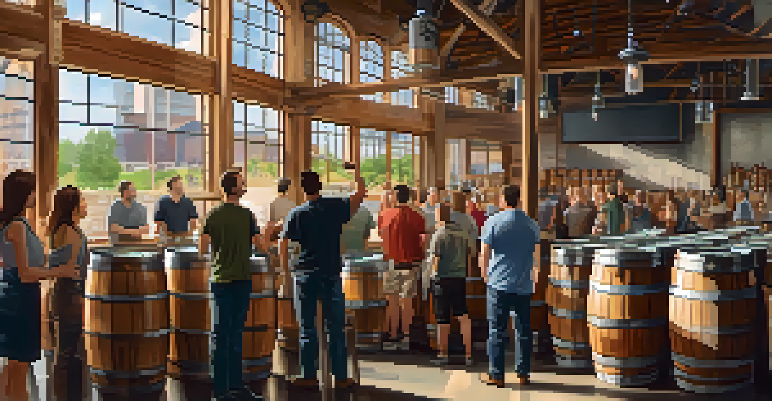 A local brewer leading a tour at the Charlotte Craft Beer Week, with brewing tanks and attendees enjoying craft beer.