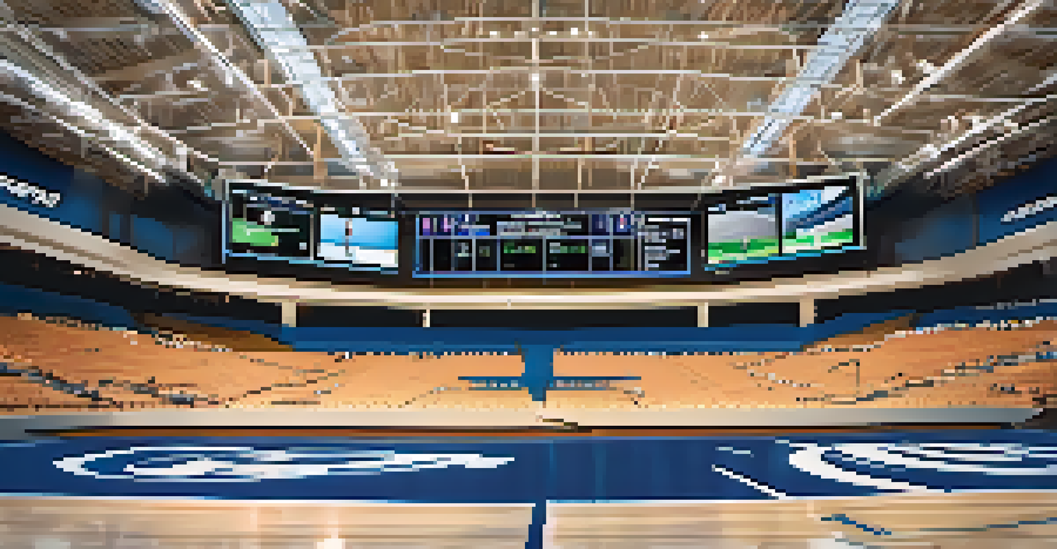 A detailed view of advanced sports technology in a Charlotte facility, including high-definition video boards and fans using mobile devices.