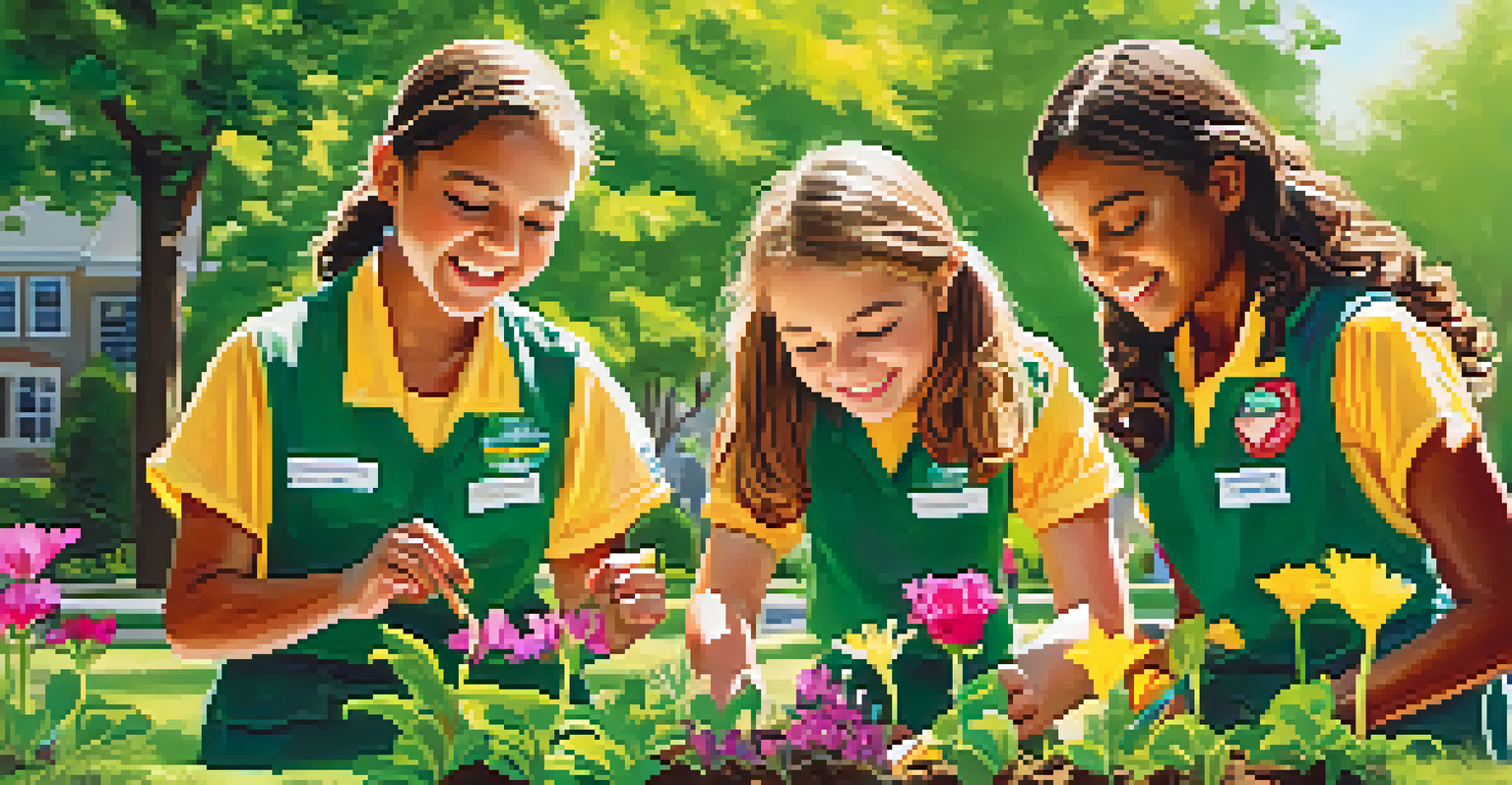 Young girls in Girl Scouts uniforms planting flowers in a park, showcasing teamwork and community service in a sunny and vibrant outdoor setting.