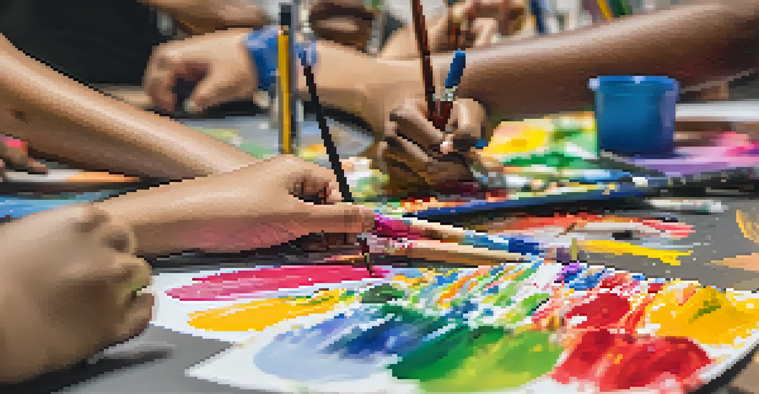 Close-up of diverse students' hands working on an art project with colorful paints and paper, showcasing collaboration and creativity.
