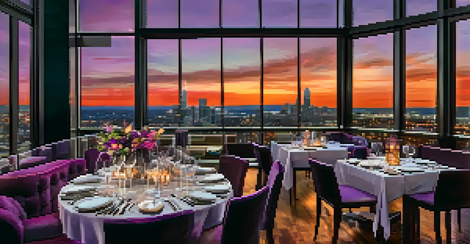 An upscale rooftop dining scene at Fahrenheit with a view of the Charlotte skyline at sunset.