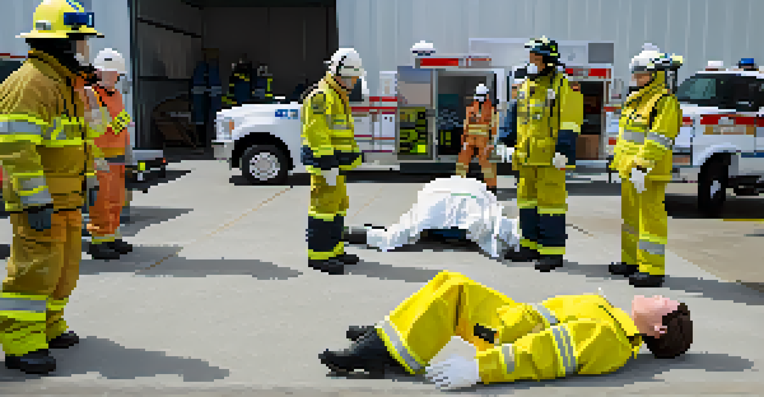 Volunteer firefighters participating in emergency medical response training, with one performing CPR on a training mannequin.