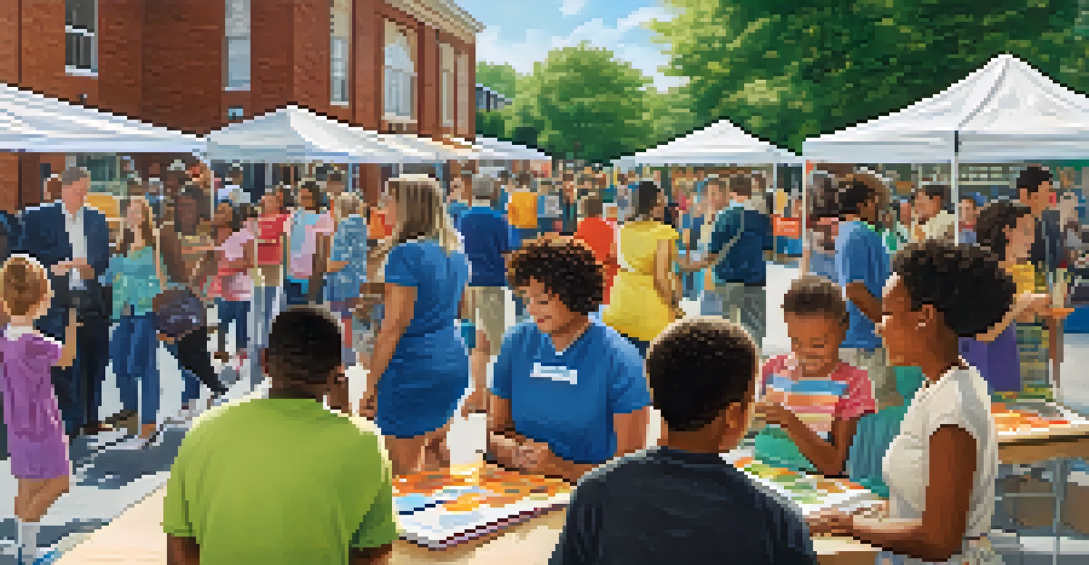A lively community event at a school with local businesses and educators, showcasing collaboration through various hands-on educational activities.