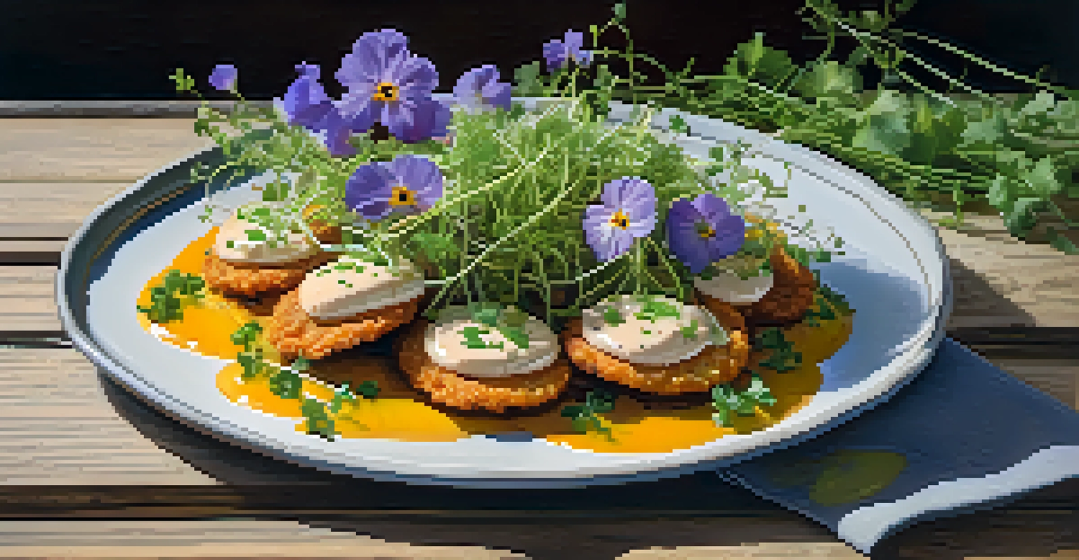 Close-up of gourmet fried green tomatoes with spicy remoulade, elegantly plated with microgreens and edible flowers, captured in soft natural light.