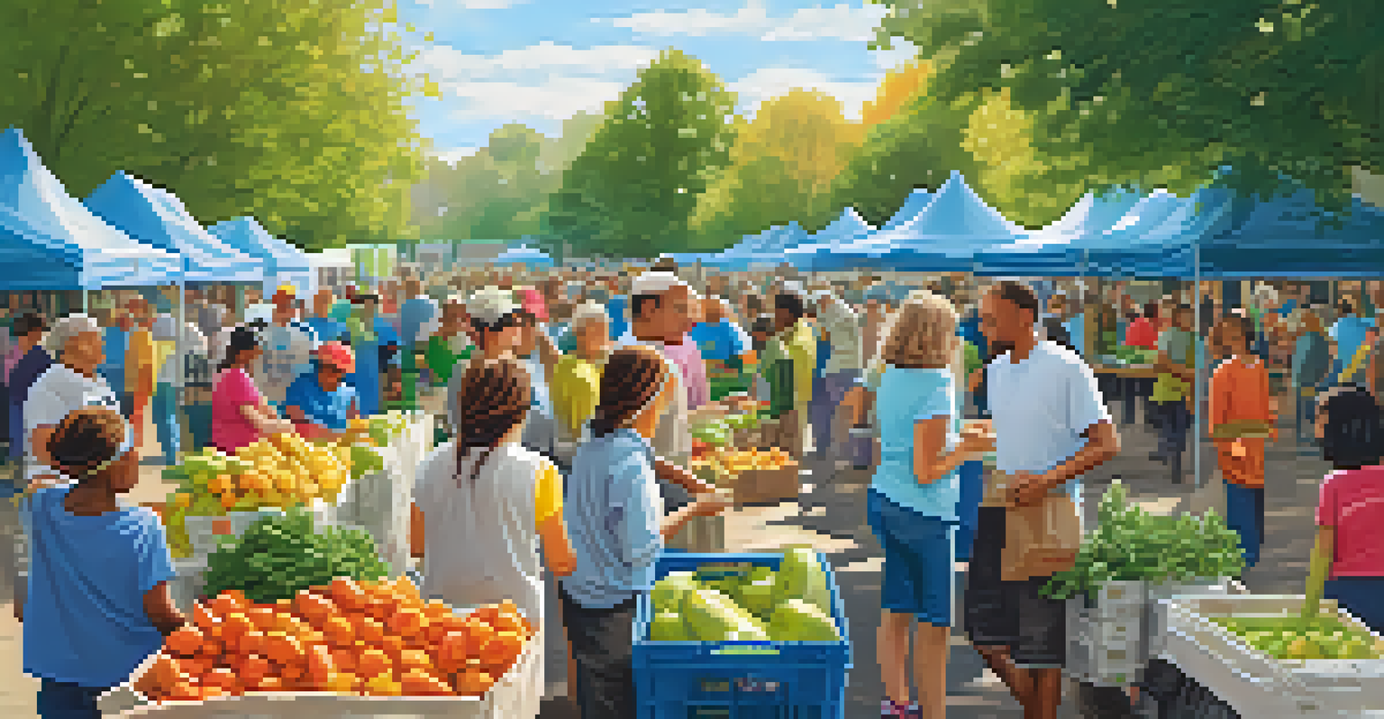 Volunteers sorting and packing groceries at a food distribution event in a park, surrounded by families.