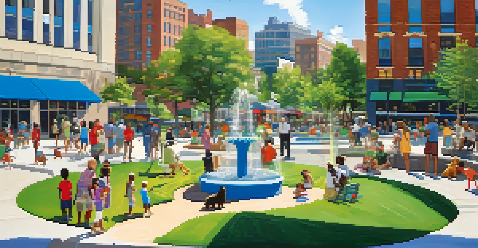 Families enjoying Romare Bearden Park with children playing in fountains and dogs socializing among colorful art.
