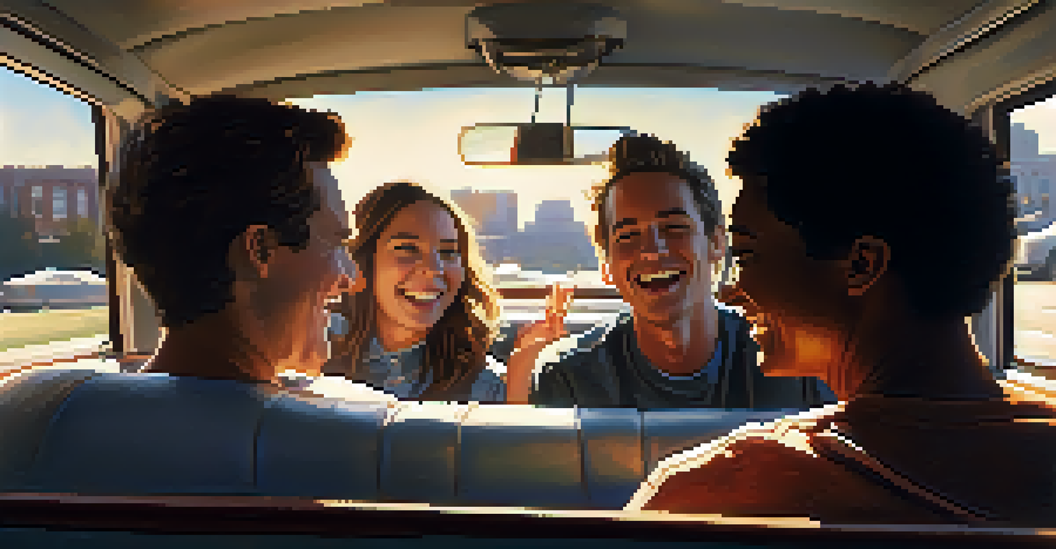 Three friends enjoying a carpool ride, laughing and talking inside a car, with sunlight streaming through the windows and a blurred cityscape outside.