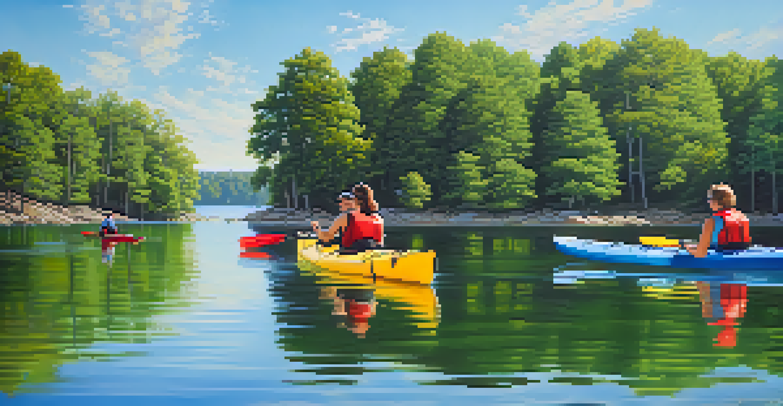 People kayaking and paddleboarding on a calm lake surrounded by trees and a sunny sky.