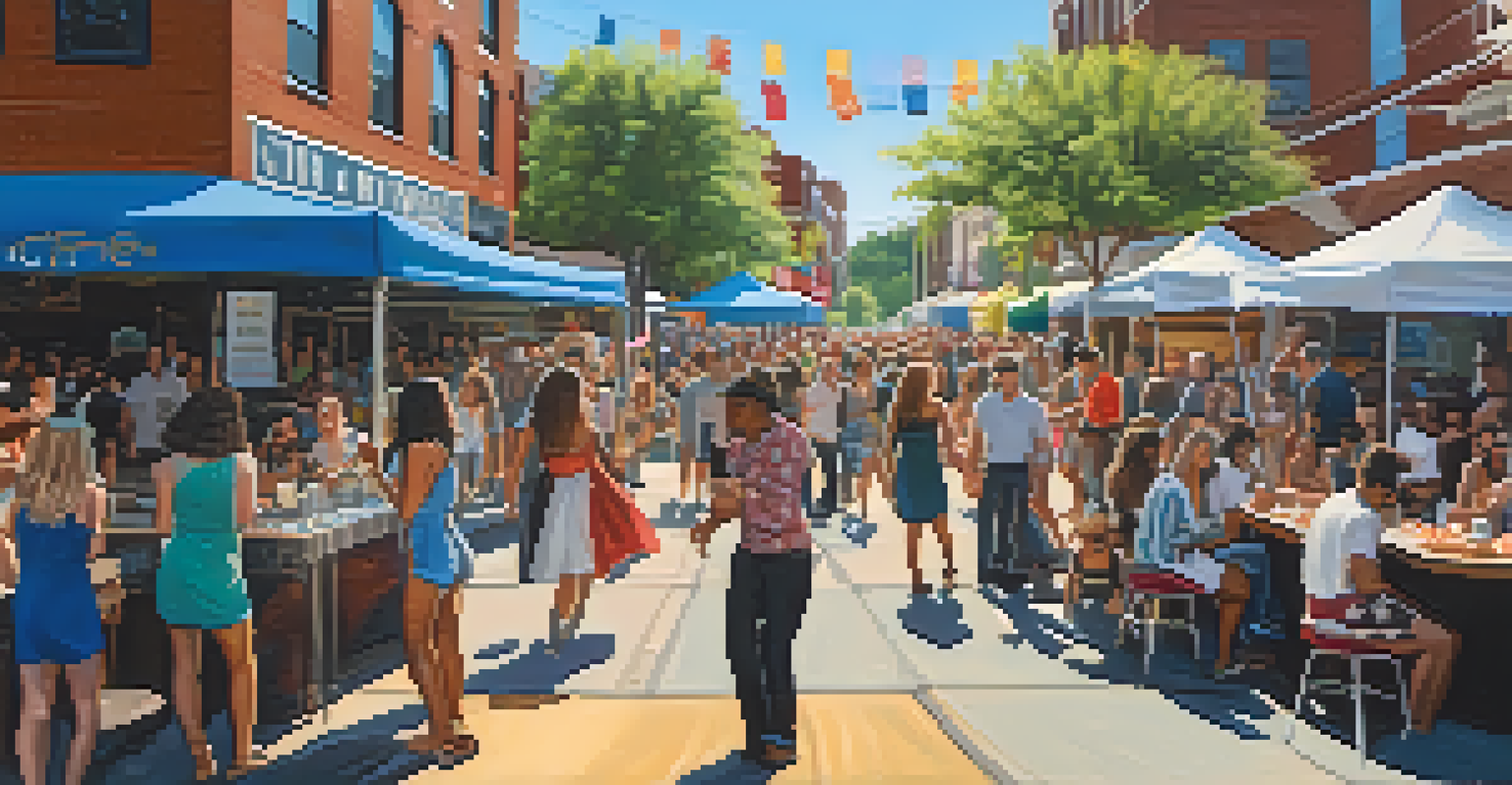 A vibrant street scene in Charlotte featuring a local music event with a band playing on stage, food trucks, and an enthusiastic crowd enjoying the festivities under a clear sky.